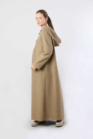 Kapüşonlu Düğmeli Kaban Camel - 5