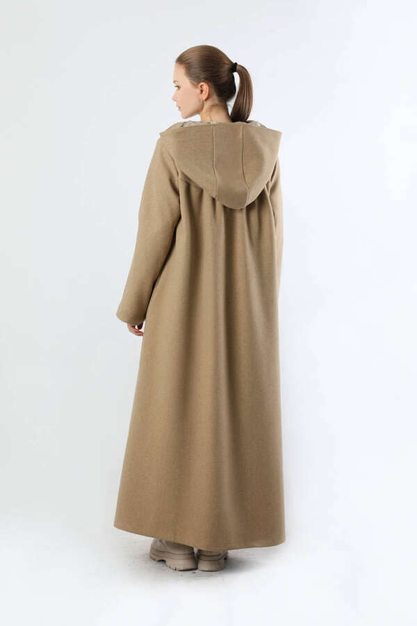 Kapüşonlu Düğmeli Kaban Camel - 6