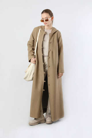 Kapüşonlu Düğmeli Kaban Camel - 1