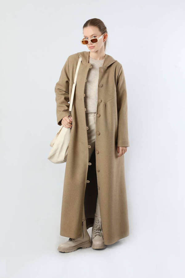 Kapüşonlu Düğmeli Kaban Camel - 1