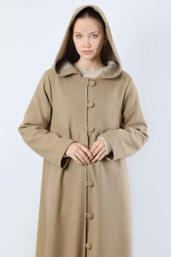 Kapüşonlu Düğmeli Kaban Camel - 2