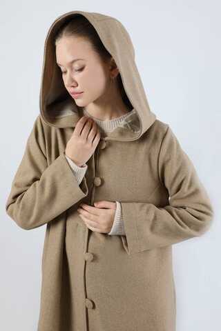 Kapüşonlu Düğmeli Kaban Camel - 4