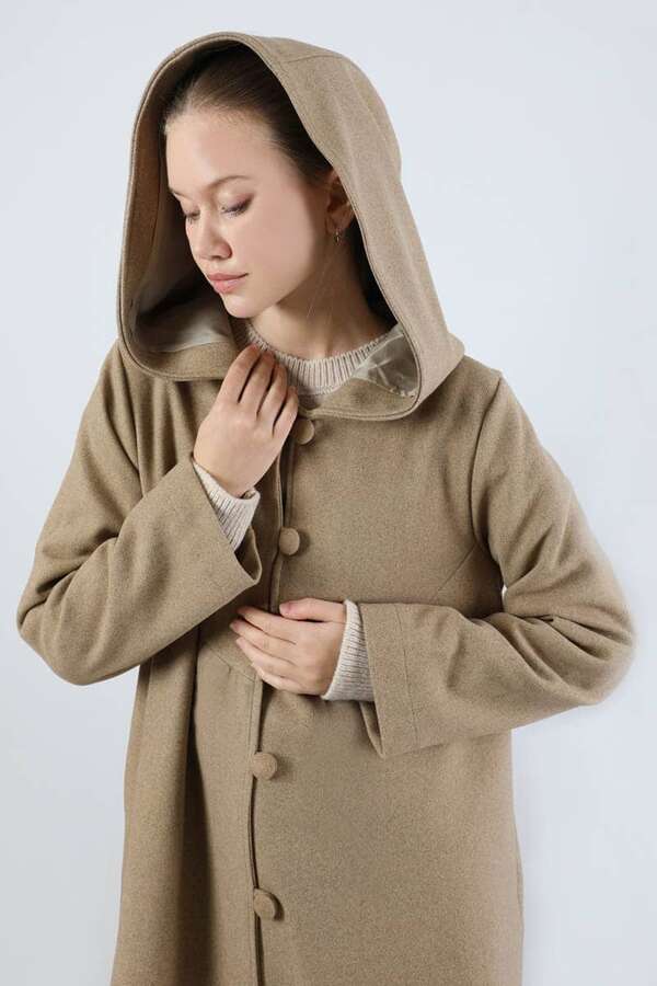 Kapüşonlu Düğmeli Kaban Camel - 4