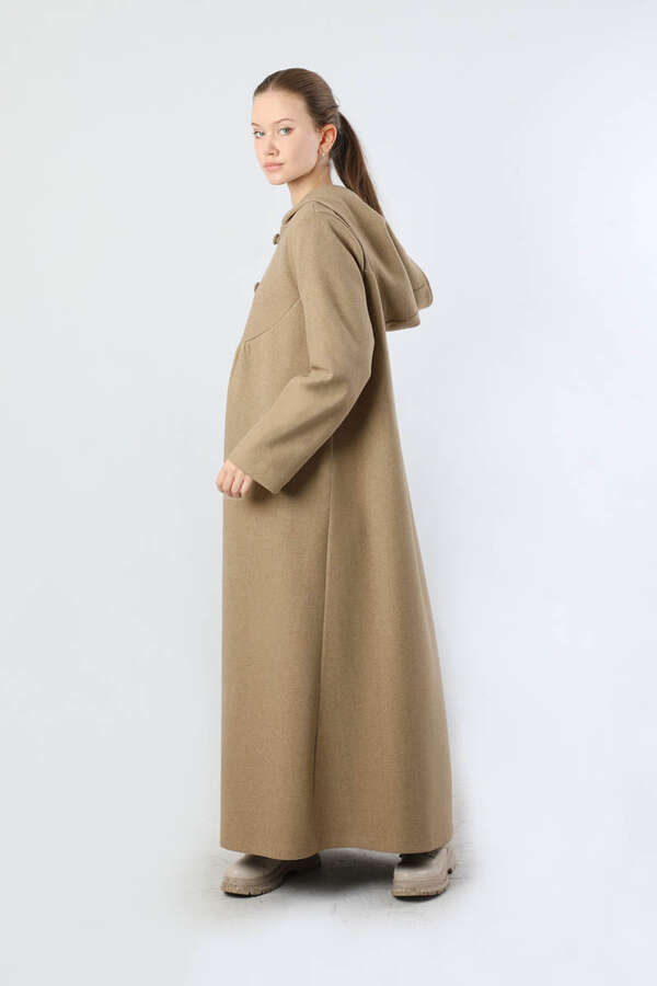 Kapüşonlu Düğmeli Kaban Camel - 5