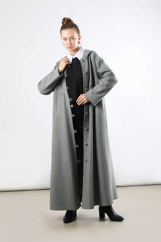 Kapüşonlu Düğmeli Kaban Gri - 1