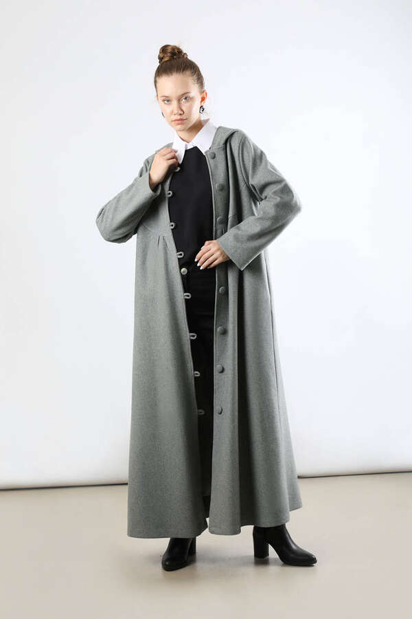 Kapüşonlu Düğmeli Kaban Gri - 1