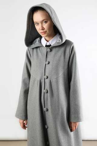 Kapüşonlu Düğmeli Kaban Gri - 2