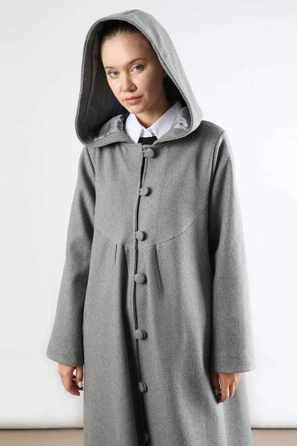 Kapüşonlu Düğmeli Kaban Gri - 2