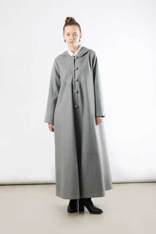 Kapüşonlu Düğmeli Kaban Gri - 3