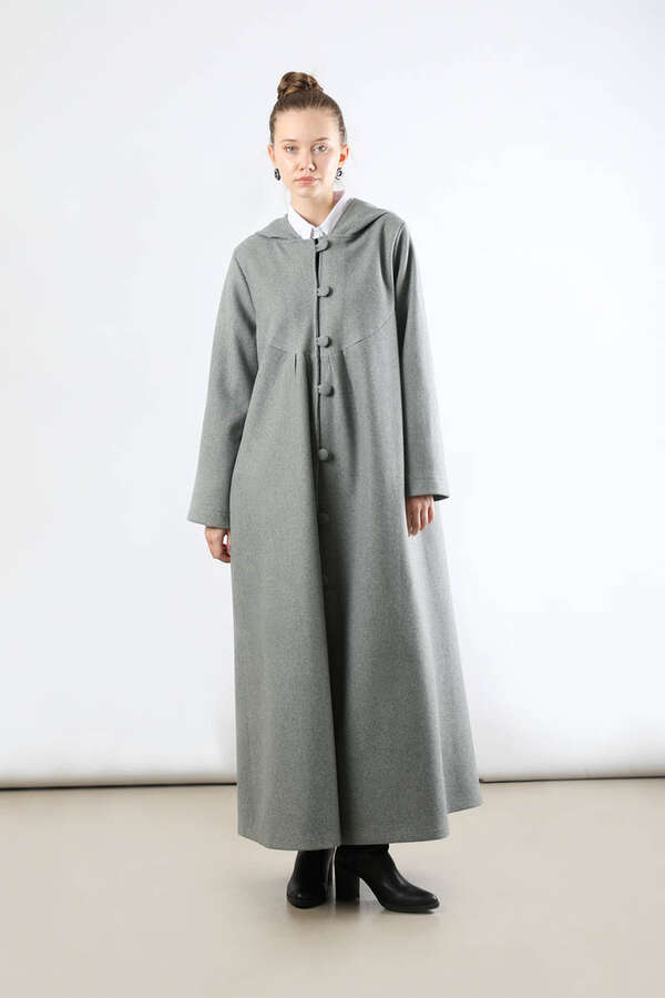 Kapüşonlu Düğmeli Kaban Gri - 3