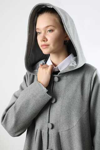Kapüşonlu Düğmeli Kaban Gri - 4