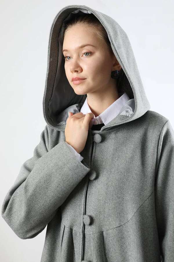 Kapüşonlu Düğmeli Kaban Gri - 4
