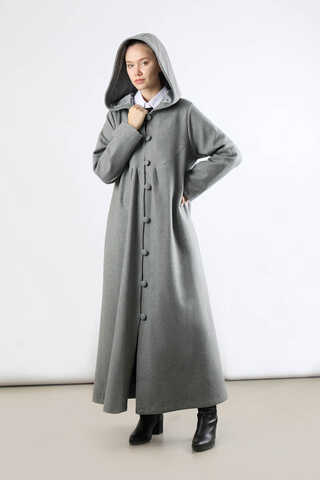 Kapüşonlu Düğmeli Kaban Gri - 5