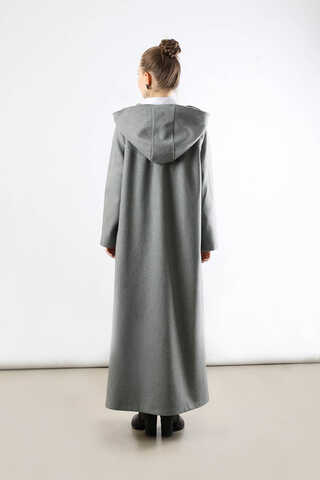 Kapüşonlu Düğmeli Kaban Gri - 6