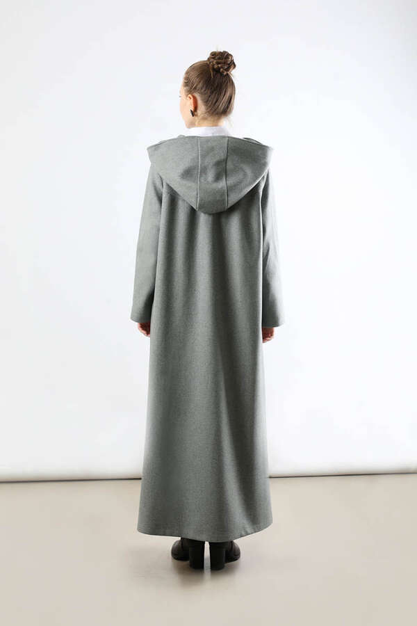 Kapüşonlu Düğmeli Kaban Gri - 6