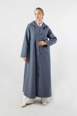 Kapüşonlu Düğmeli Kaban İndigo - 1