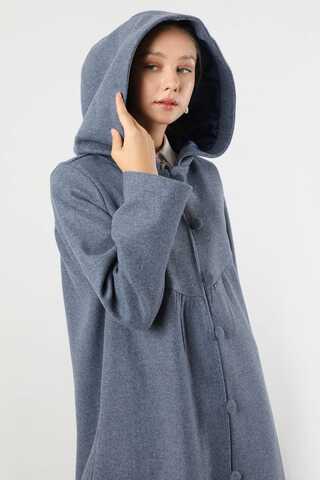 Kapüşonlu Düğmeli Kaban İndigo - 2