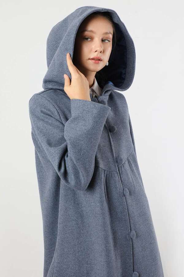 Kapüşonlu Düğmeli Kaban İndigo - 2