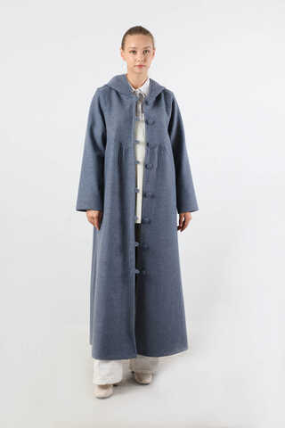 Kapüşonlu Düğmeli Kaban İndigo - 3