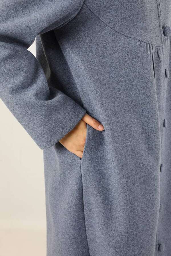 Kapüşonlu Düğmeli Kaban İndigo - 4