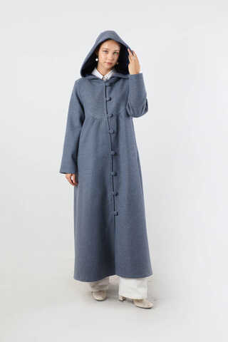 Kapüşonlu Düğmeli Kaban İndigo - 5