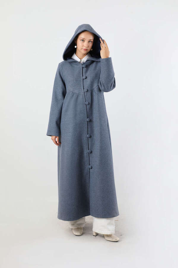 Kapüşonlu Düğmeli Kaban İndigo - 5