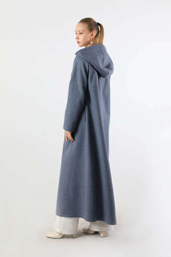 Kapüşonlu Düğmeli Kaban İndigo - 6