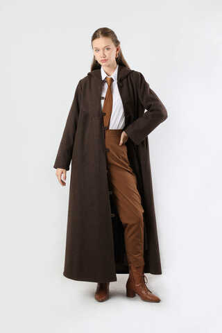 Kapüşonlu Düğmeli Kaban Kahverengi - 1