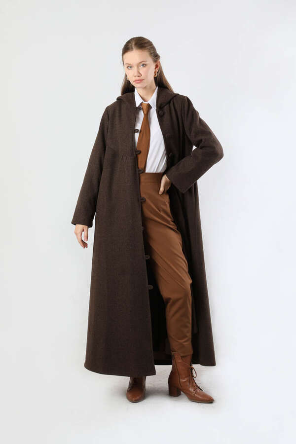 Kapüşonlu Düğmeli Kaban Kahverengi - 1