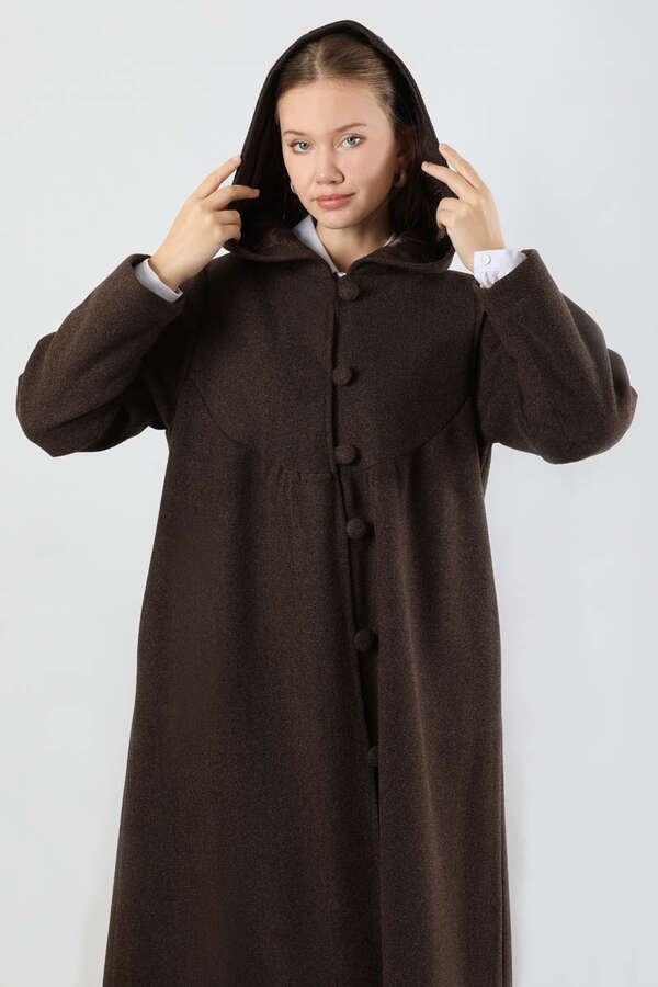 Kapüşonlu Düğmeli Kaban Kahverengi - 2