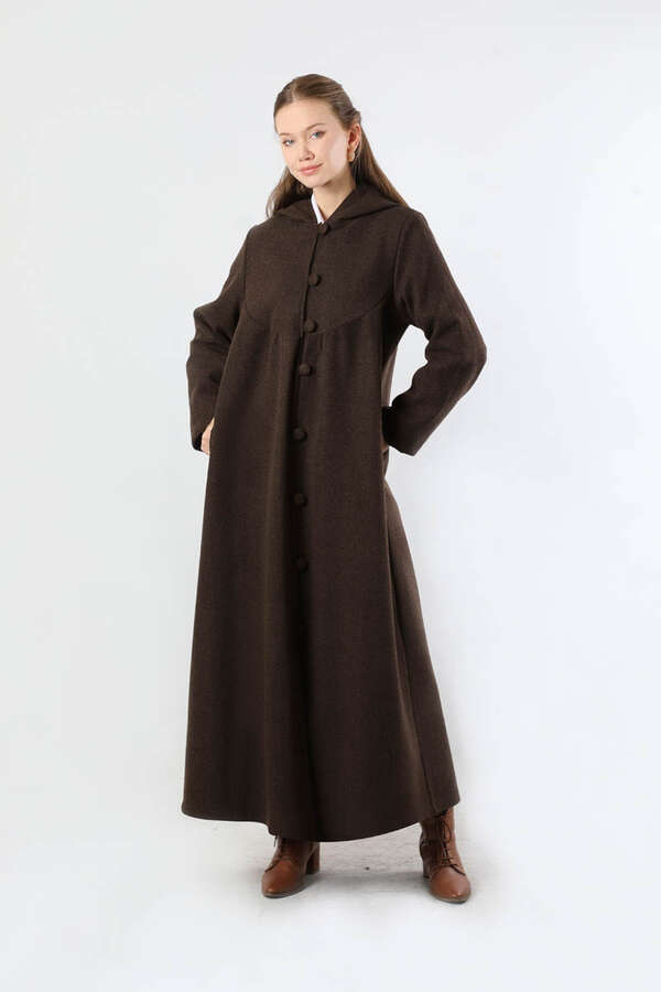 Kapüşonlu Düğmeli Kaban Kahverengi - 3