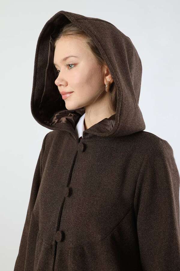 Kapüşonlu Düğmeli Kaban Kahverengi - 4