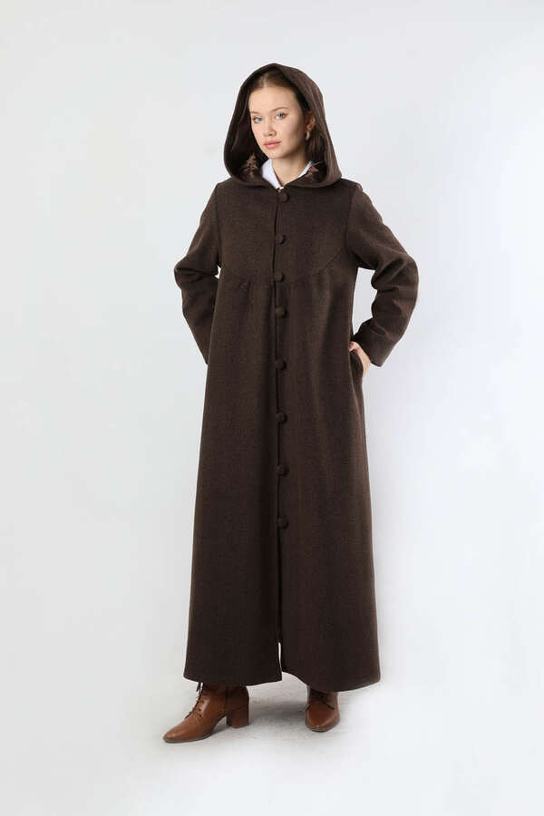 Kapüşonlu Düğmeli Kaban Kahverengi - 5