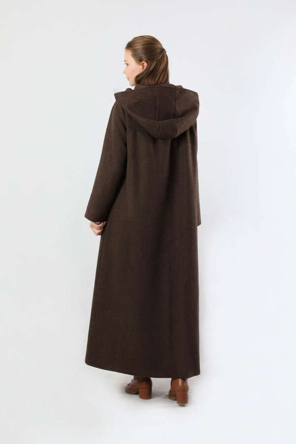 Kapüşonlu Düğmeli Kaban Kahverengi - 6