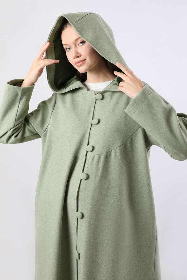 Kapüşonlu Düğmeli Kaban Mint - 2