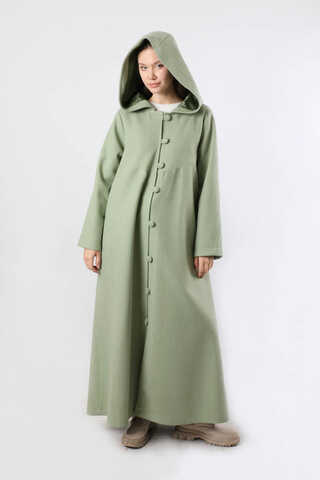 Kapüşonlu Düğmeli Kaban Mint - 5