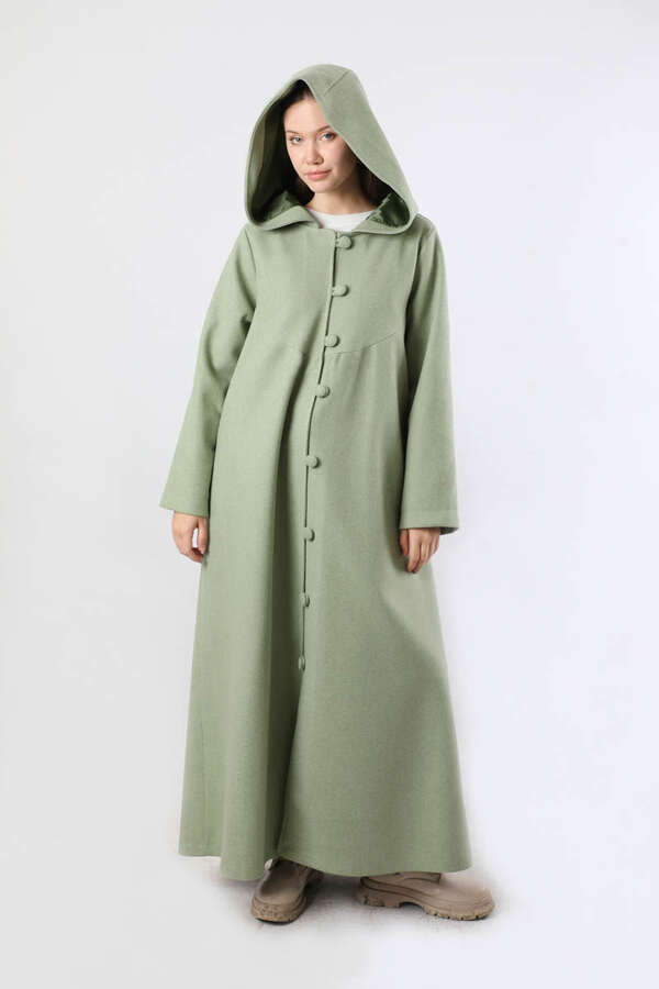 Kapüşonlu Düğmeli Kaban Mint - 5