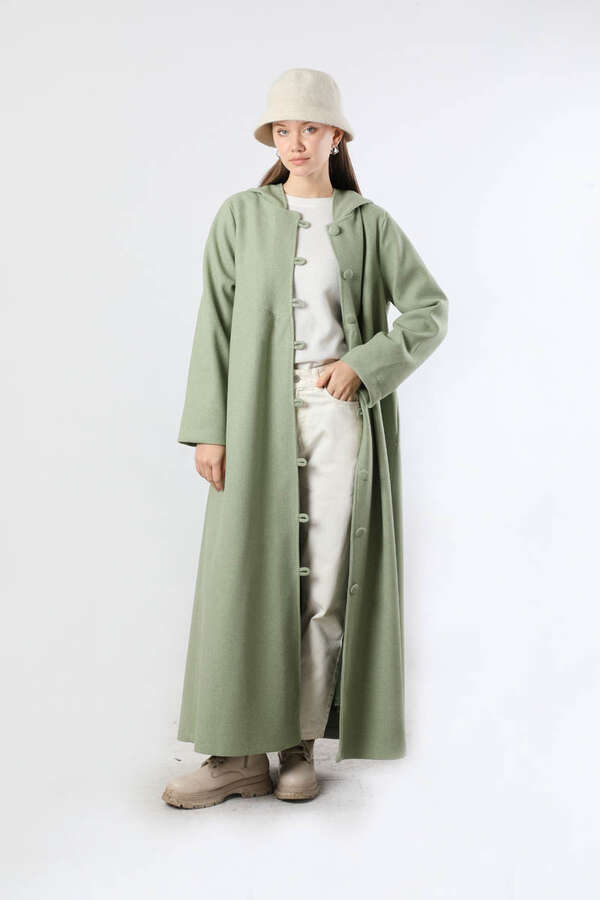 Kapüşonlu Düğmeli Kaban Mint - 1