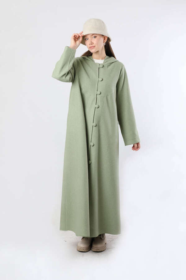 Kapüşonlu Düğmeli Kaban Mint - 3