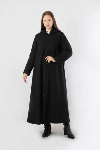 Kapüşonlu Düğmeli Kaban Siyah - 1