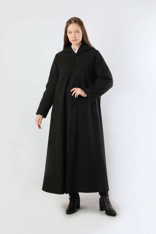 Kapüşonlu Düğmeli Kaban Siyah - 1