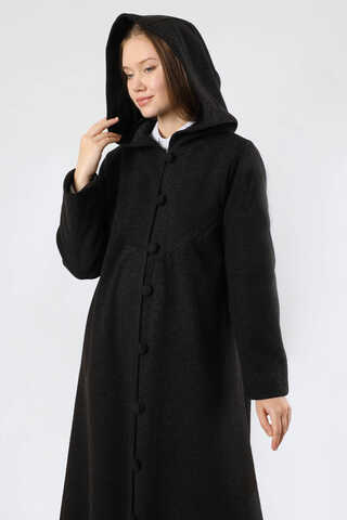 Kapüşonlu Düğmeli Kaban Siyah - 2