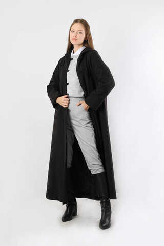 Kapüşonlu Düğmeli Kaban Siyah - 3