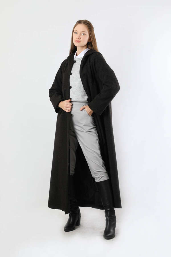 Kapüşonlu Düğmeli Kaban Siyah - 3