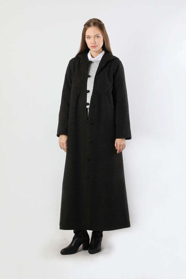 Kapüşonlu Düğmeli Kaban Siyah - 5