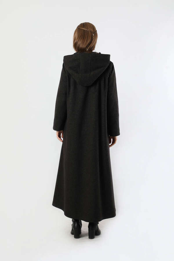 Kapüşonlu Düğmeli Kaban Siyah - 6