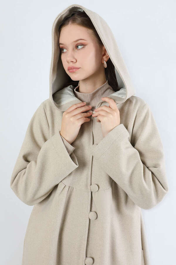 Kapüşonlu Düğmeli Kaban Taş - 4