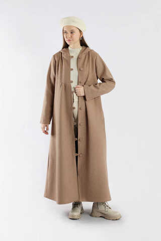 Kapüşonlu Düğmeli Kaban Vizon - 1