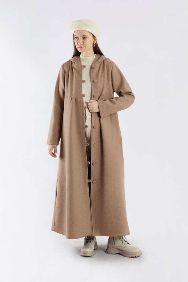 Kapüşonlu Düğmeli Kaban Vizon - 1