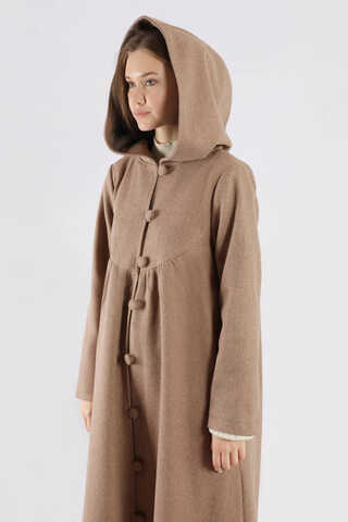 Kapüşonlu Düğmeli Kaban Vizon - 2